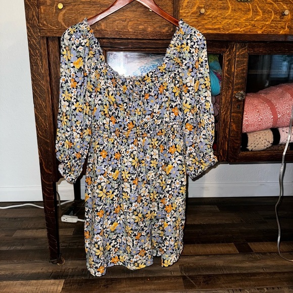 AEO Blue Yellow Floral Smocked Prairie Off the Shoulder Long Sleeve Mini Dress M - Picture 2 of 5